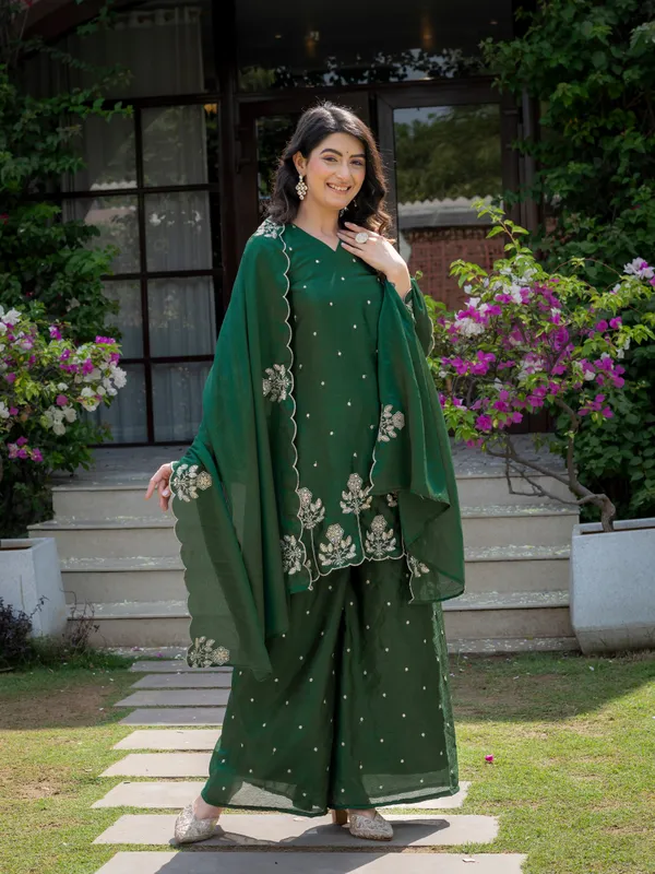 Premium_Mehendi_Green_Chinnon_Embroidered_Kurta_Pant_Dupatta_Set_For_Women