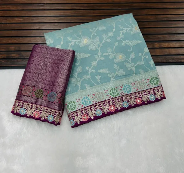 Ice_Blue_Meenakari_Woven_Khaddi_Crepe_Georgette_Saree_With_Contrast_Embroidered_Unstitched_Blouse