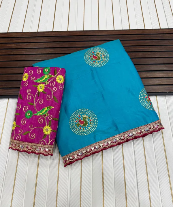 Turquoise_Blue_Kalamkari_Butta_Dola_Silk_Saree_With_Embroidered_Bangalore_Silk_Unstitched_Blouse