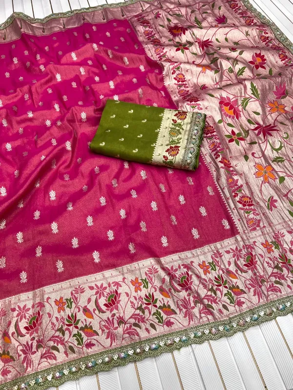 Rani_Pink_Meenakari_Paithani_Tissue_Silk_Saree_With_Rich_Zari_Pallu_&_Unstitched_Embroidered_Blouse