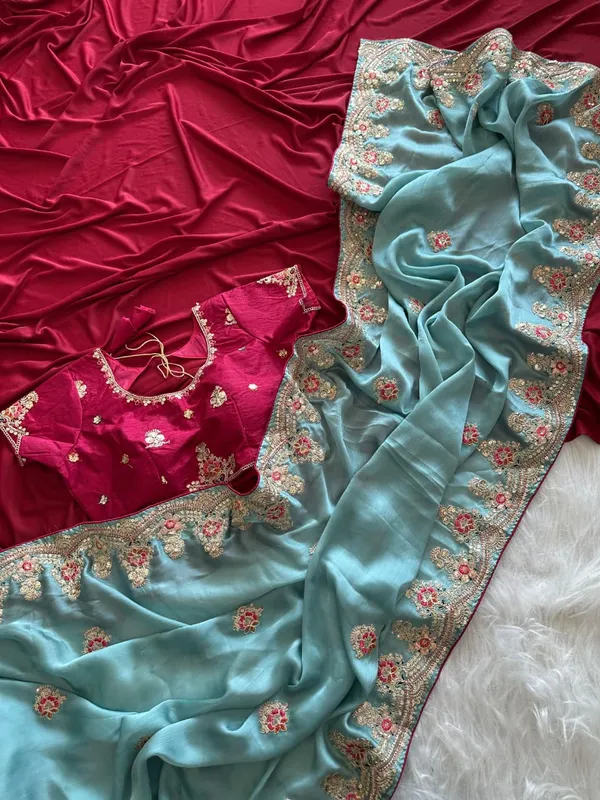 Ice_Blue_Floral_Embroidered_Fendy_Silk_Saree_With_Sequins_Border_And_Unstitched_Contrast_Blouse