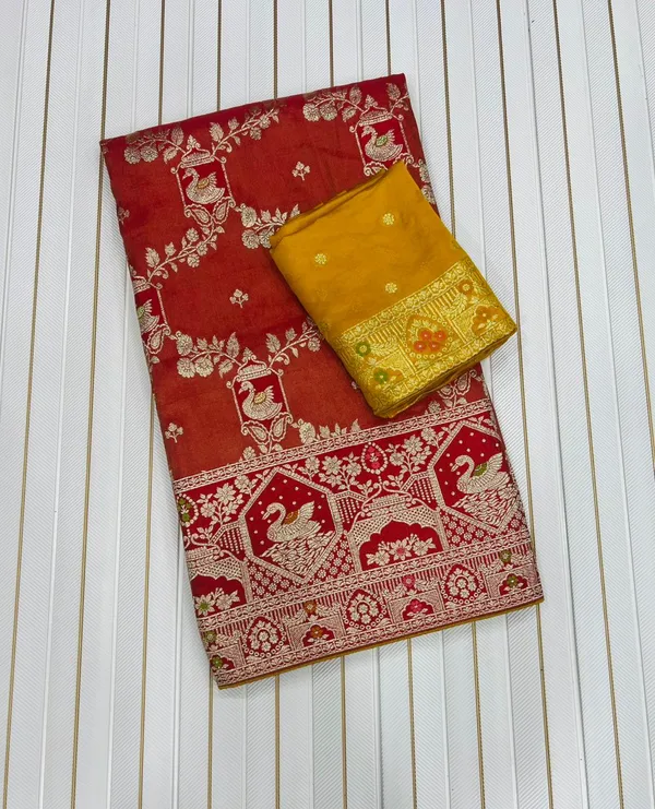 Scarlet_Red_Swan_Motif_Tisu_Shimmer_Viscose_Silk_Saree_With_Heritage_Pallu_Unstitched_Blouse