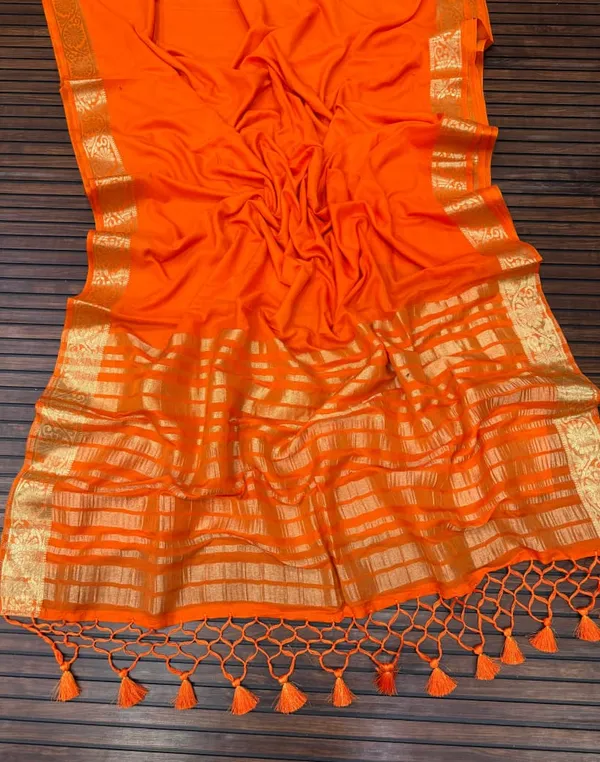 Royal_Orange_Jari_Jacquard_Khaddi_Crepe_Georgette_Saree_With_Tassel_Pallu_Unstitched_Blouse