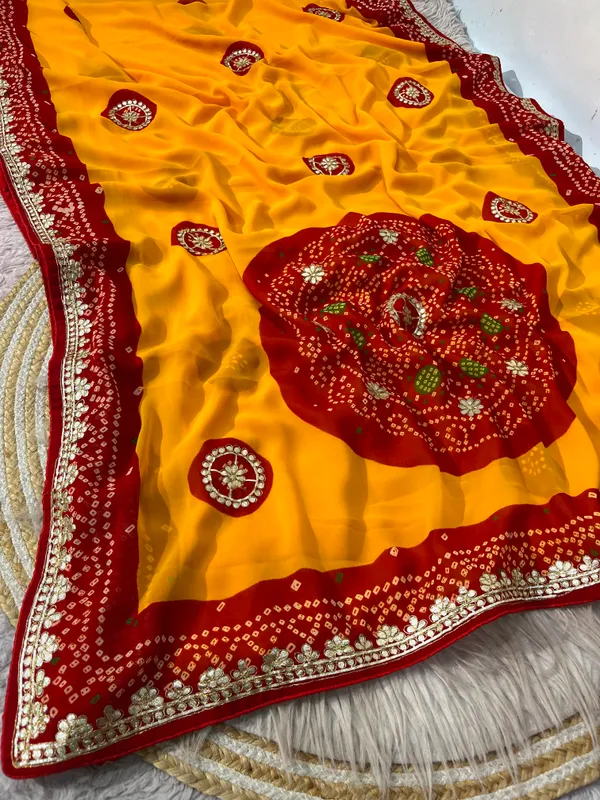 Haldi_Yellow_Jaipuri_Gota_Patti_Pure_Soft_Georgette_Bandhej_Saree_With_Premium_C-Pallu_And_Unstitched_Blouse