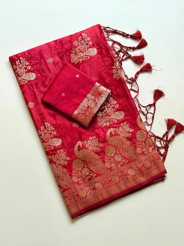 Crimson_Red_Peacock_Jacquard_Satin_Silk_Saree_With_Rich_Pallu_Unstitched_Running_Blouse
