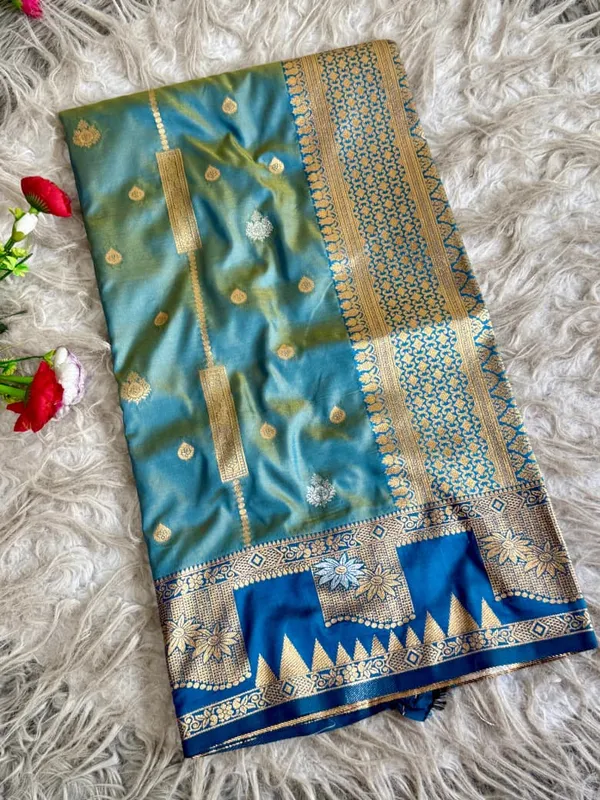 Steel_Blue_Gold_Zari_Banarasi_Luxaria_Silk_Saree_With_Grand_Rich_Pallu_Unstitched_Brocade_Blouse
