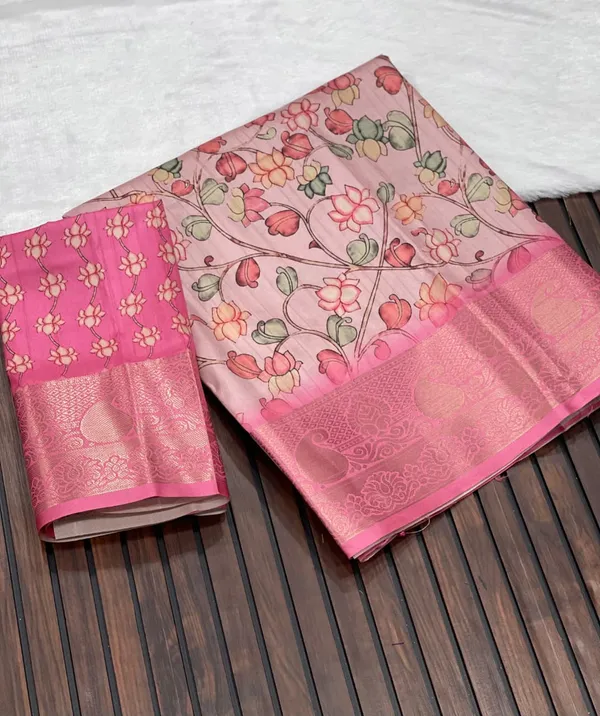 Blush_Pink_Floral_Kalamkari_Malabari_Silk_Saree_With_Jacquard_Border_And_Unstitched_Blouse
