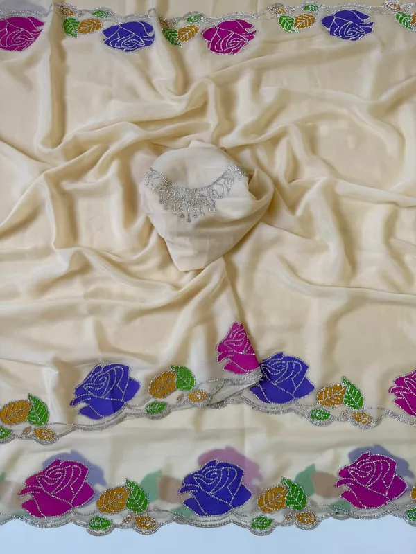 Cream_Rose_Diamond_Work_Star_Georgette_Saree_With_Cutwork_Border_Unstitched_Blouse