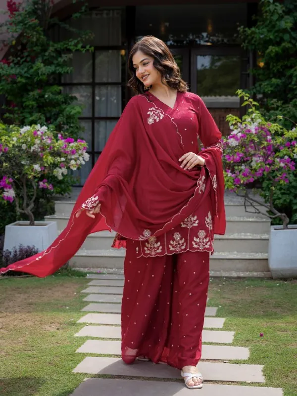 Premium_Wine_Red_Chinnon_Embroidered_Kurta_Pant_Dupatta_Set_For_Women