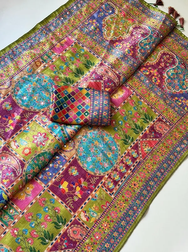 Olive_Green_Floral_Mirror_Work_Dola_Silk_Saree_With_UHD_Digital_Print_Unstitched_Blouse