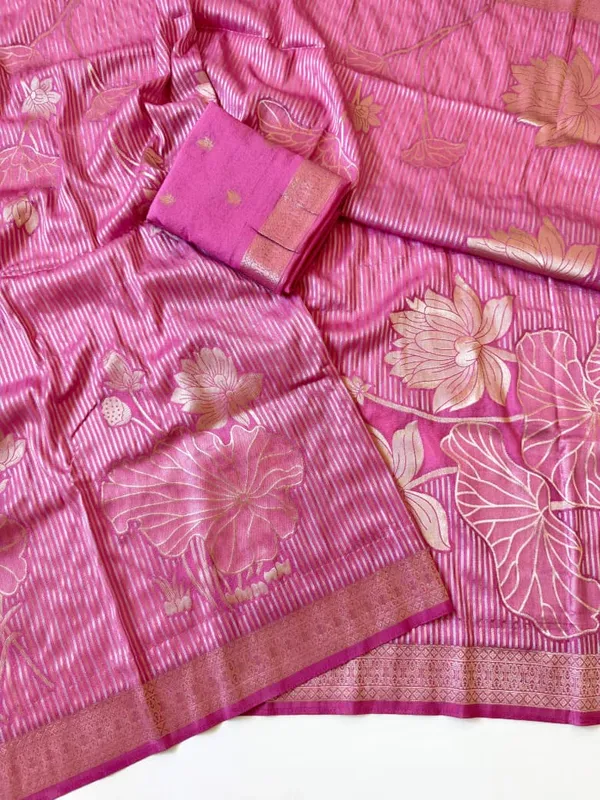 Rose_Pink_Lotus_Jacquard_Georgette_Saree_With_Silver_Golden_Zari_Rich_Pallu_Unstitched_Blouse