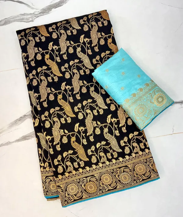 Midnight_Black_Peacock_Motif_Banarasi_Viscose_Dola_Silk_Saree_With_Rich_Zari_Pallu_And_Unstitched_Blouse