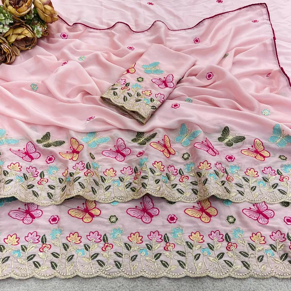Baby_Pink_Butterfly_Floral_Embroidered_Rangoli_Saree_With_Heavy_Panel_Work_Unstitched_Blouse
