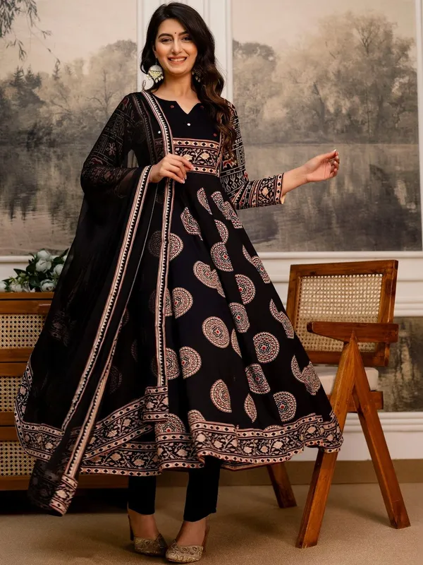 Black_Ethnic_Motif_Printed_Muslin_Cotton_Anarkali_Kurta_Set_With_Mirror_Work,_Trousers_&_Mul_Cotton_Dupatta