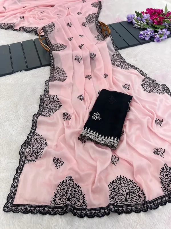 Blush_Pink_Mandala_Art_Rangoli_Saree_With_Scallop_Border_Contrast_Unstitched_Blouse