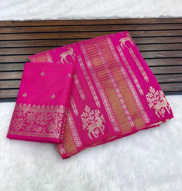 Rani_Pink_Deer_Motif_Khaddi_Crepe_Georgette_Saree_With_Jacquard_Zari_Weaving_And_Unstitched_Blouse