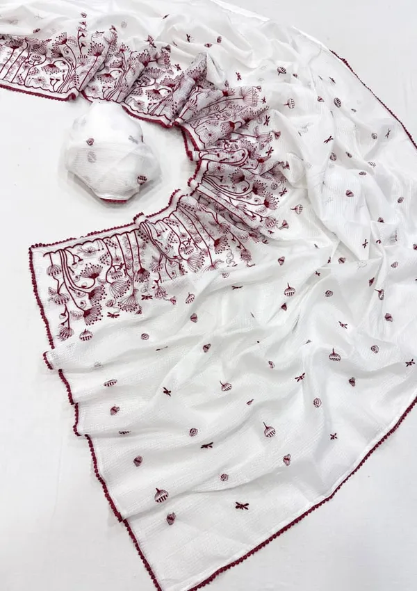 Ivory_Floral_Thread_Embroidered_Kota_Doriya_Saree_With_Cotton_Lace_Border_And_Unstitched_Blouse
