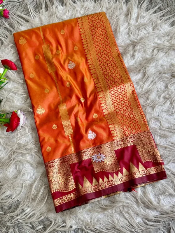 Orange_Gold_Zari_Banarasi_Luxaria_Silk_Saree_With_Grand_Rich_Pallu_Unstitched_Brocade_Blouse