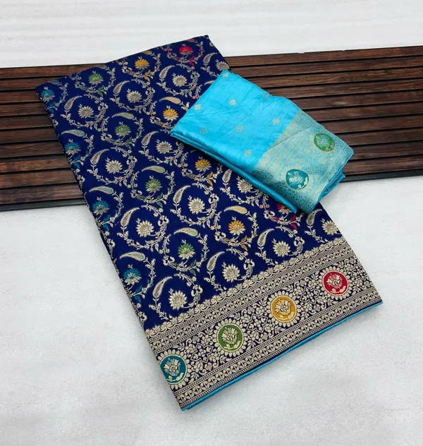 Royal_Navy_Lakhnavi_Meena_Dola_Silk_Saree_With_Heavy_Jacquard_Jaal_Rich_Pallu_And_Unstitched_Blouse