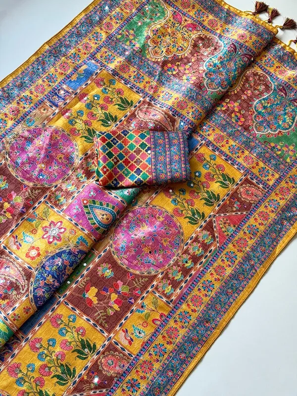 Mustard_Yellow_Floral_Mirror_Work_Dola_Silk_Saree_With_UHD_Digital_Print_Unstitched_Blouse