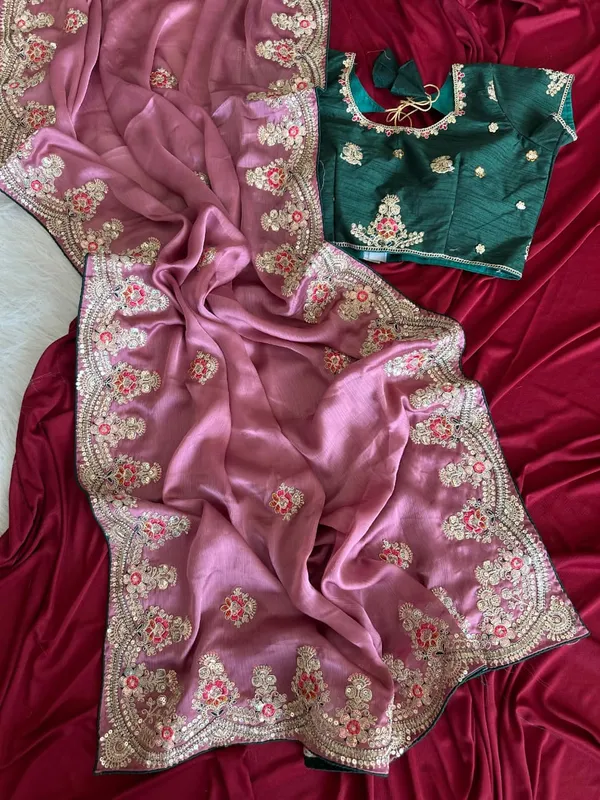 Dusty_Rose_Floral_Embroidered_Fendy_Silk_Saree_With_Sequins_Border_And_Unstitched_Contrast_Blouse