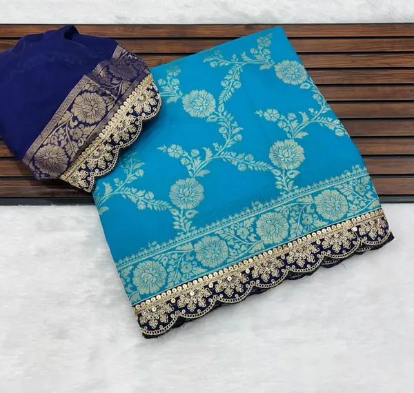 Turquoise_Blue_Floral_Jacquard_Khadi_Crepe_Georgette_Saree_With_Sequins_Cutwork_Lace_Unstitched_Blouse