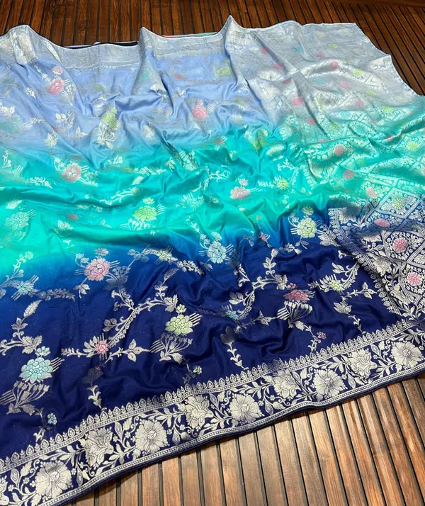 Ocean_Blue_Ombre_Floral_Jangla_Banarasi_Khaddi_Viscose_Georgette_Saree_With_Rich_Pallu_Unstitched_Blouse