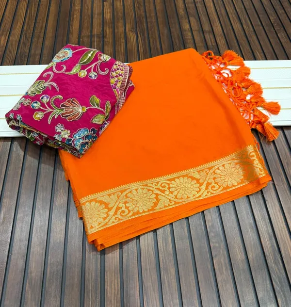 Orange_Khaddi_Crepe_Georgette_Saree_With_Zari_Border_And_Dual_Designer_Unstitched_Blouse
