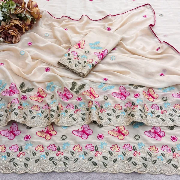 Cream_Butterfly_Floral_Embroidered_Rangoli_Saree_With_Heavy_Panel_Work_Unstitched_Blouse