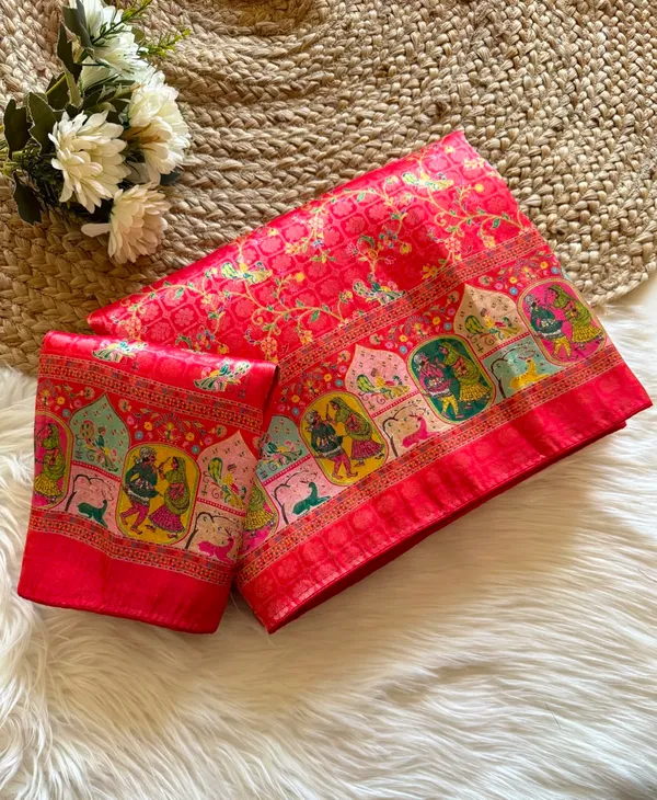 Crimson_Red_Pure_Softy_Silk_Jacquard_Woven_Digital_Heritage_Print_Saree_With_Running_Unstitched_Blouse