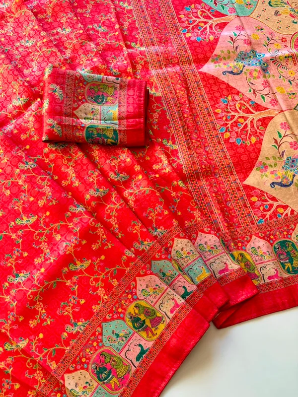 Crimson_Red_Pure_Softy_Silk_Jacquard_Woven_Digital_Heritage_Print_Saree_With_Running_Unstitched_Blouse