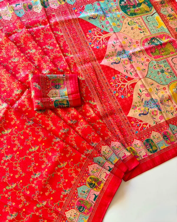 Crimson_Red_Pure_Softy_Silk_Jacquard_Woven_Digital_Heritage_Print_Saree_With_Running_Unstitched_Blouse