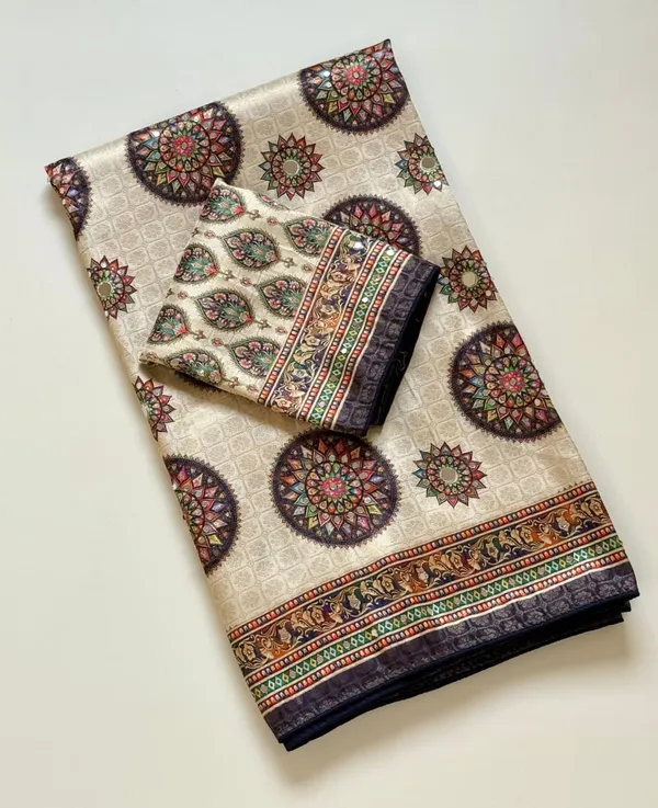 Premium_Ivory_Mandala_Print_Dola_Silk_Saree_With_Mirror_Work_Unstitched_Blouse