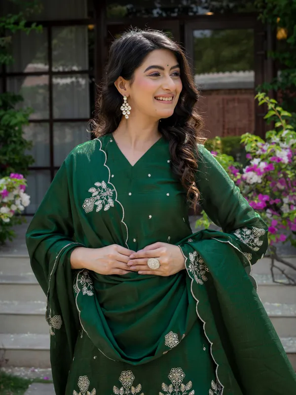 Premium_Mehendi_Green_Chinnon_Embroidered_Kurta_Pant_Dupatta_Set_For_Women