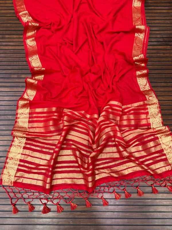 Crimson_Red_Jari_Jacquard_Khaddi_Crepe_Georgette_Saree_With_Tassel_Pallu_Unstitched_Blouse