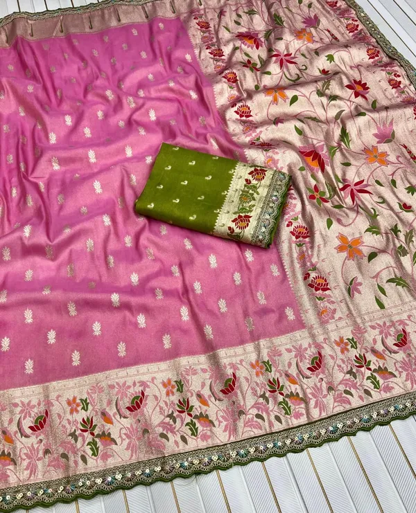 Baby_Pink_Meenakari_Paithani_Tissue_Silk_Saree_With_Rich_Zari_Pallu_&_Unstitched_Embroidered_Blouse