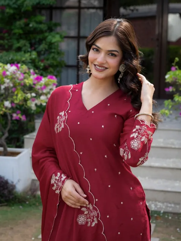 Premium_Wine_Red_Chinnon_Embroidered_Kurta_Pant_Dupatta_Set_For_Women