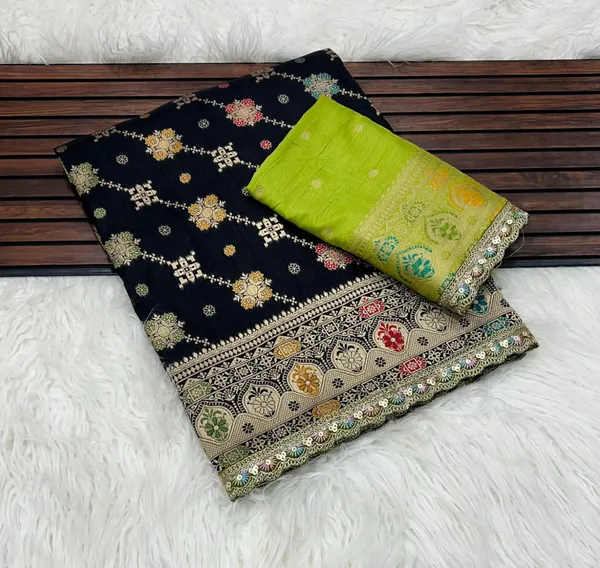 Midnight_Black_Lakhnavi_Meena_Jacquard_Dola_Silk_Saree_With_Rich_Paisley_Pallu_And_Unstitched_Blouse