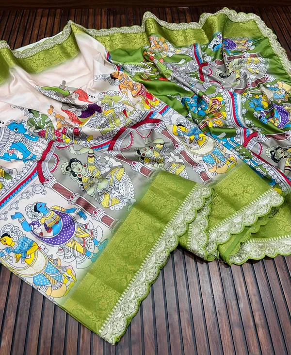 Olive_Green_Pichwai_Digital_Print_Lichi_Silk_Saree_With_Zari_Border_And_Unstitched_Blouse