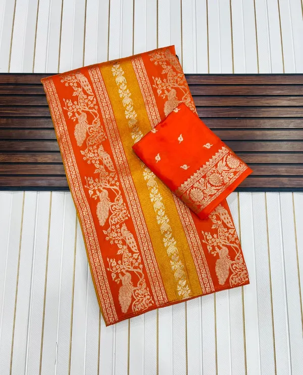 Burnt_Orange_Peacock_Motif_Chinya_Tisu_Silk_Saree_With_Rich_Jacquard_Pallu_And_Unstitched_Blouse