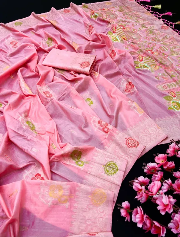 Baby_Pink_Meenakari_Butta_Khadi_Crepe_Silk_Georgette_Saree_With_Rich_Pallu_And_Unstitched_Blouse