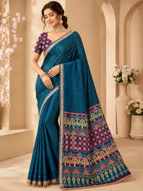 Teal_Blue_Bandhani_Print_Crepe_Silk_Saree_With_Ajrakh_Print_Pallu_Mirror_Work_Unstitched_Blouse