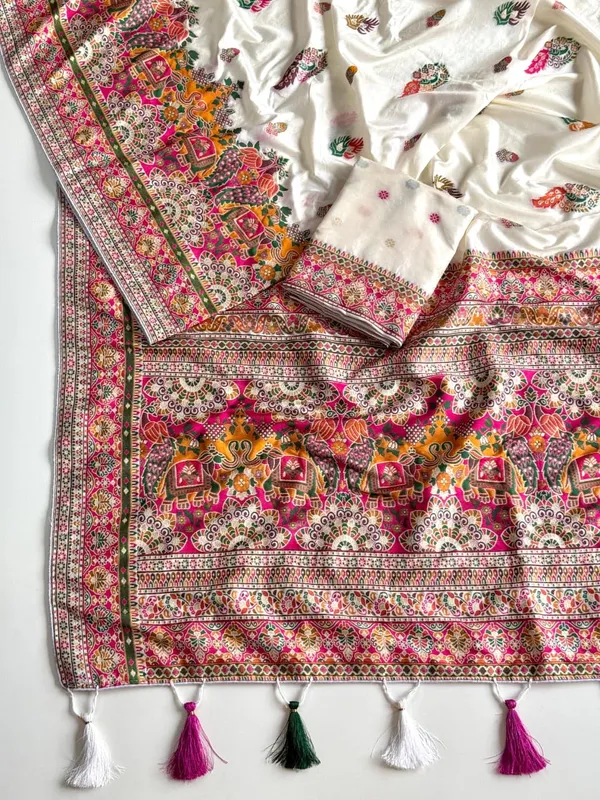 Premium_Ivory_Kashmiri_Woven_Rajwadi_Pashmina_Dola_Silk_Saree_With_Tassel_Pallu_Unstitched_Blouse