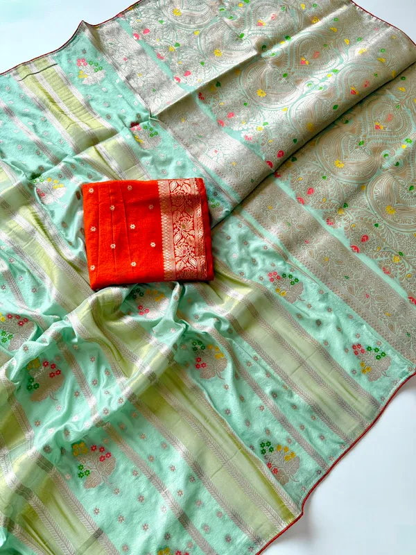 Mint_Green_Floral_Minakari_Chinya_Tissue_Viscose_Crepe_Silk_Saree_With_Rich_Pallu_Unstitched_Contrast_Blouse