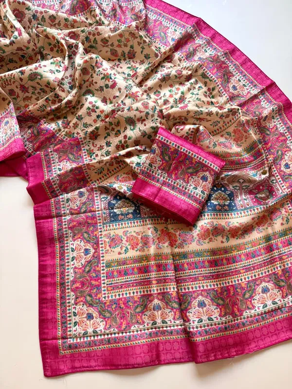 Cream_Beige_Floral_Dola_Silk_Saree_With_Jacquard_Weaving_Paisley_Border_And_Unstitched_Blouse