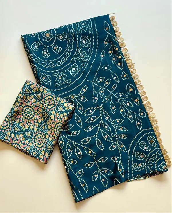 Teal_Blue_Bandhani_Mirror_Work_Crepe_Silk_Saree_With_Designer_Cutwork_Pallu_Unstitched_Blouse