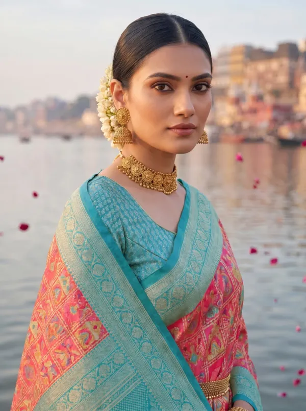 Coral_Pink_Digital_Pasmina_Weaving_Softy_Silk_Saree_With_Aqua_Zari_Border_Unstitched_Blouse