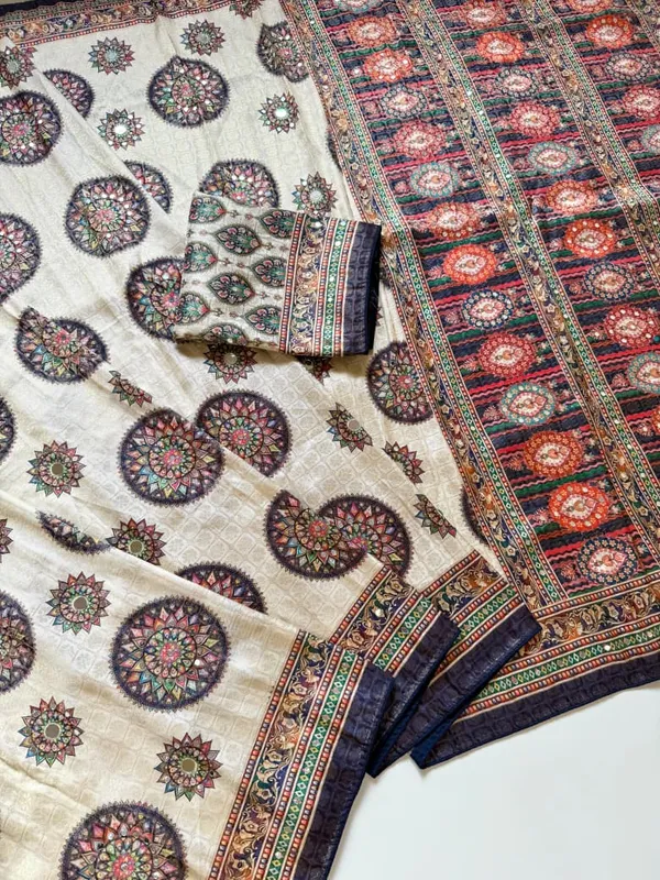 Premium_Ivory_Mandala_Print_Dola_Silk_Saree_With_Mirror_Work_Unstitched_Blouse