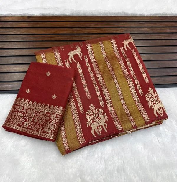 Maroon_Deer_Motif_Khaddi_Crepe_Georgette_Saree_With_Jacquard_Zari_Weaving_And_Unstitched_Blouse