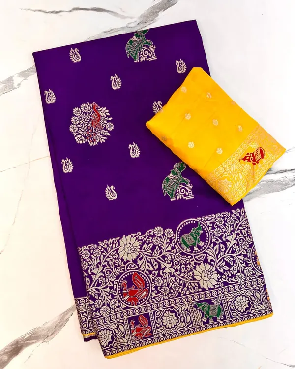 Royal_Purple_Elephant_Motif_Banarasi_Dola_Silk_Saree_With_Contrast_Yellow_Unstitched_Blouse